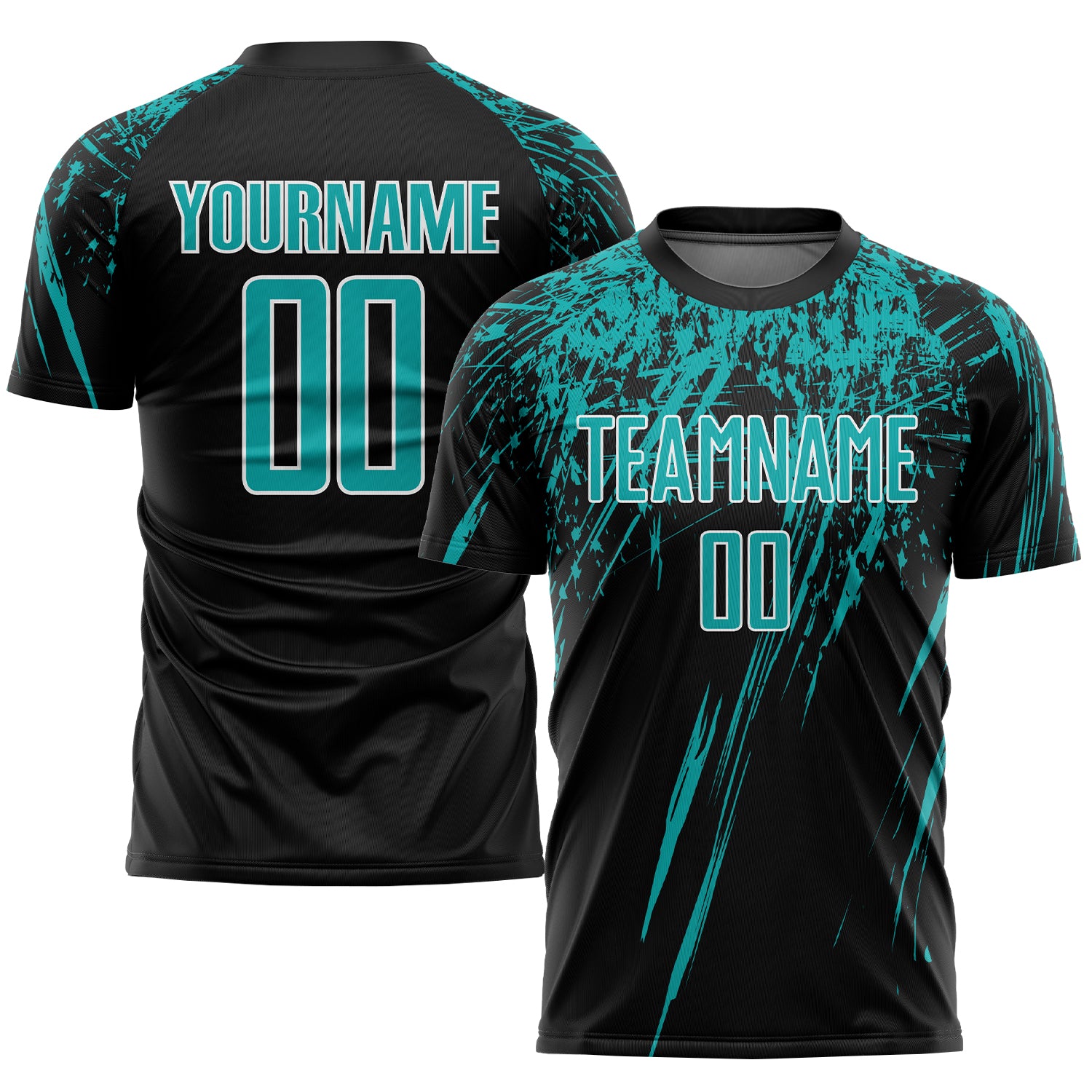 Custom Soccer Jersey - Personalized Black Aqua-White Sublimation Uniform with Name and Number Personalized Black Aqua-White