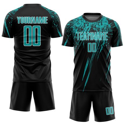 Custom Soccer Jersey - Personalized Black Aqua-White Sublimation Uniform with Name and Number Personalized Black Aqua-White