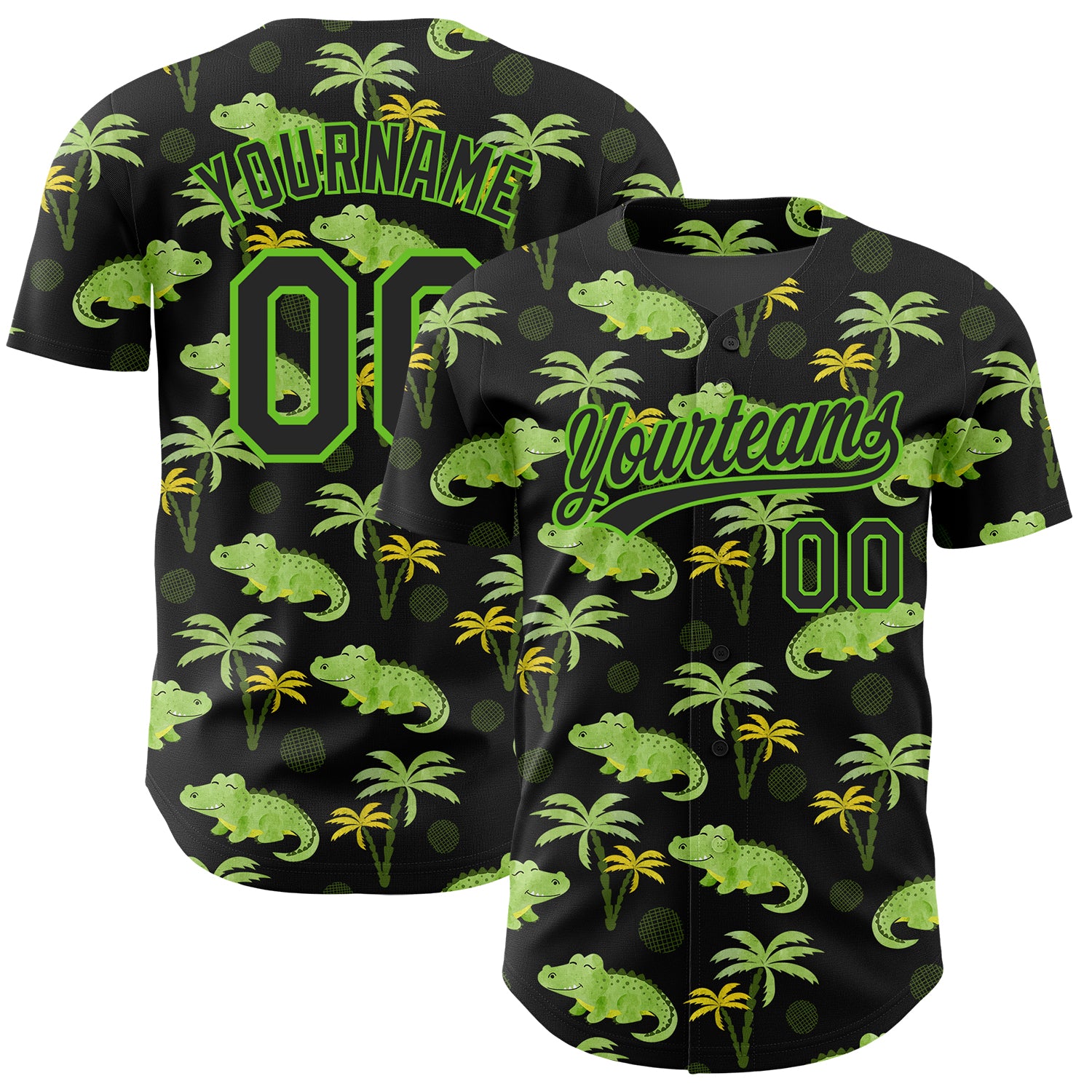 Personalized Black Green 3D Crocodile Tropical Hawaii Palm Trees Baseball Jersey Personalized Black Aurora Green 3D Crocodile