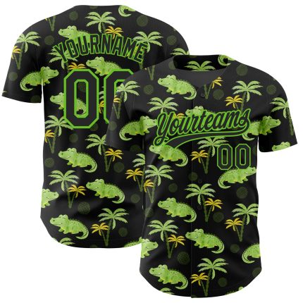 Custom Name and Number Black Green Crocodile 3D Pattern Hawaii Palm Trees Authentic Baseball Jersey Personalized Black Aurora