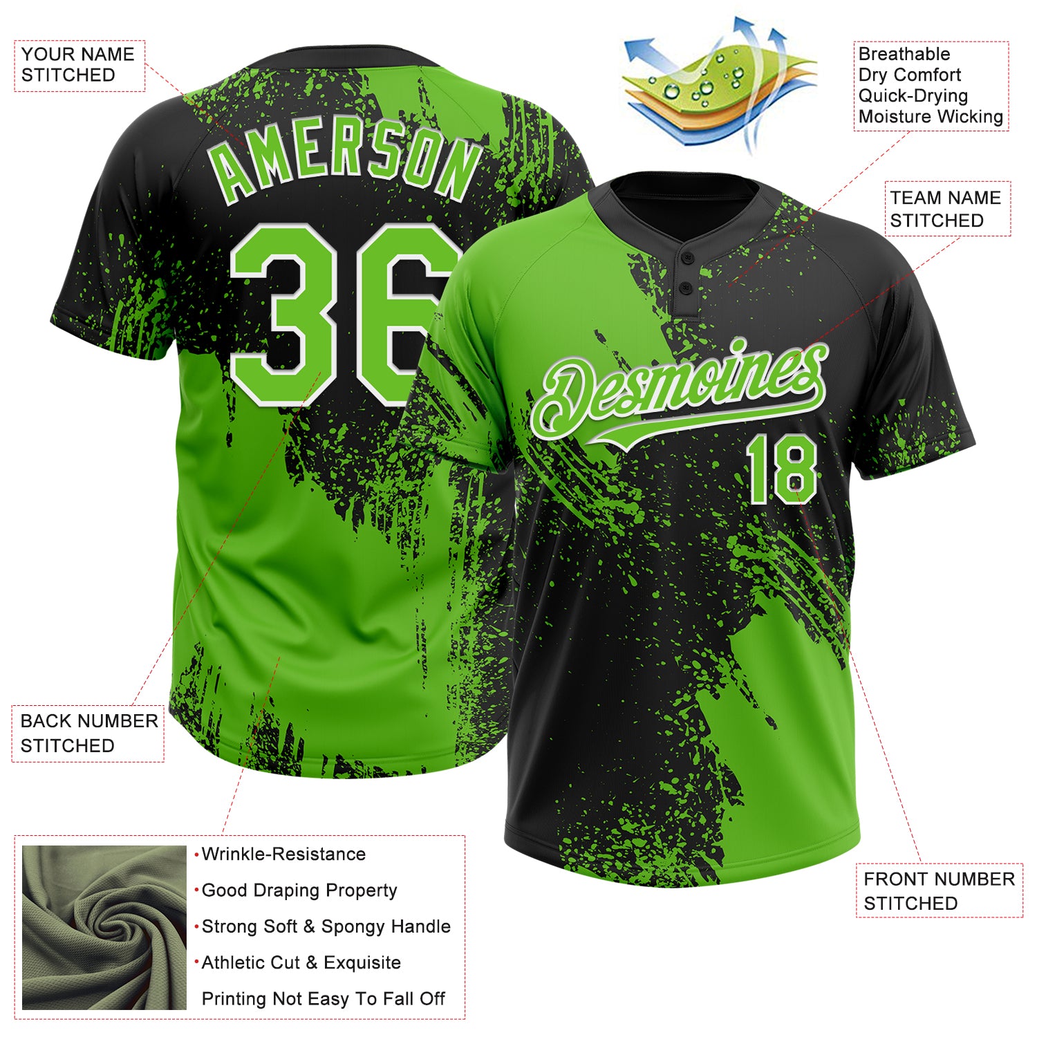 Personalized Unisex Softball Jersey in Black Aurora Green-White 3D Abstract Brush Stroke Design, Two-Button Style Personalized - Image 3