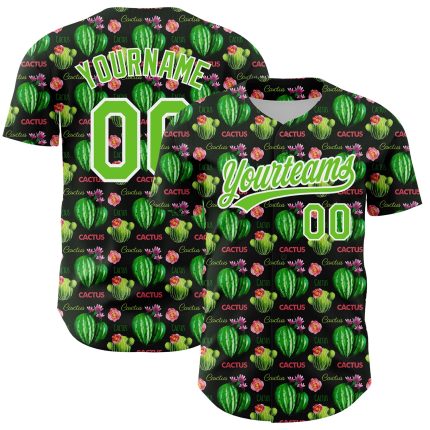 Personalized 3D Cactus Festival Baseball Jersey - Black Aurora Green-White Design, Size 2 Personalized Black Aurora Green-White