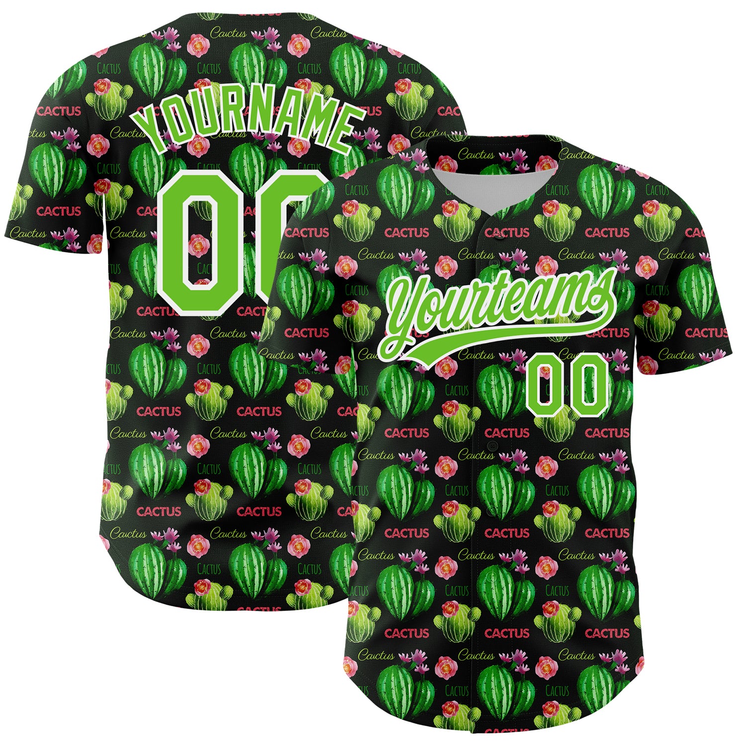Personalized 3D Cactus Festival Baseball Jersey - Black Aurora Green-White Design, Size 2 Personalized Black Aurora Green-White