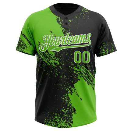 Custom Name and Number Unisex Softball Jersey - 3D Black Aurora Green-White Abstract Brush Stroke, Two-Button Design Personalized