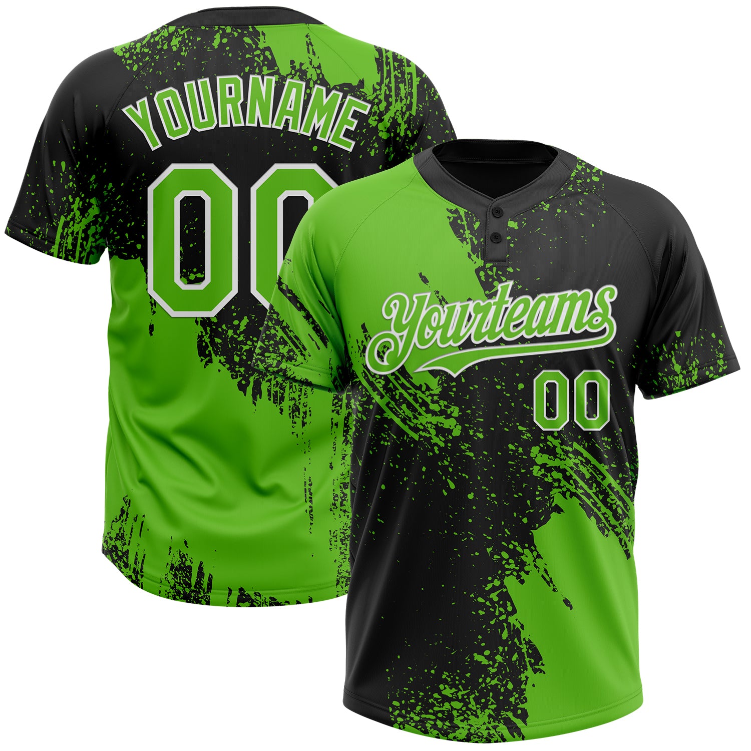 Custom Name and Number Unisex Softball Jersey - 3D Black Aurora Green-White Abstract Brush Stroke, Two-Button Design Personalized