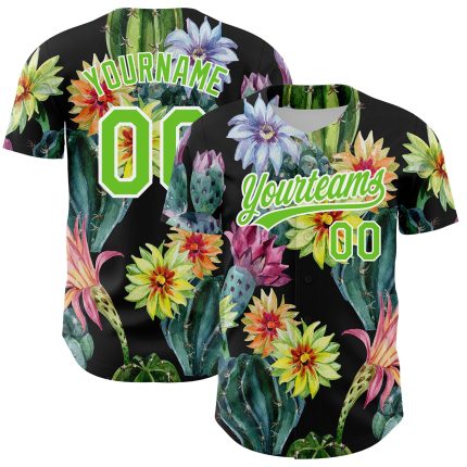 Custom Name and Number Baseball Jersey - Personalized 3D Cactus Festival Design in Black, Aurora Green & White Personalized