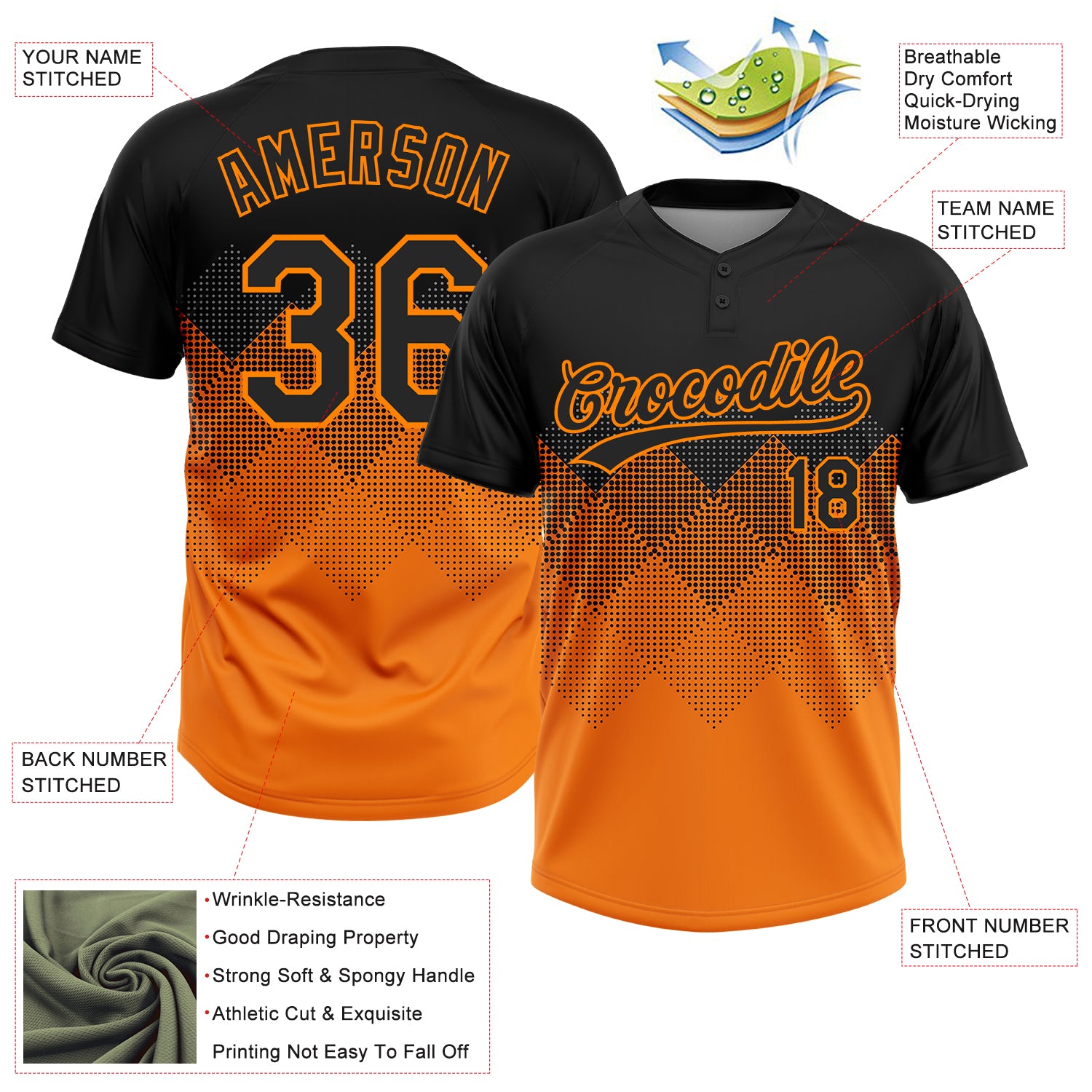 Personalized Black Bay Orange 3D Gradient Square Shapes Two-Button Unisex Softball Jersey Custom Black Bay Orange Gradient Unisex Softball Jersey with 3D Square Shapes, Two-Button Closure Personalized Black Bay - Image 3