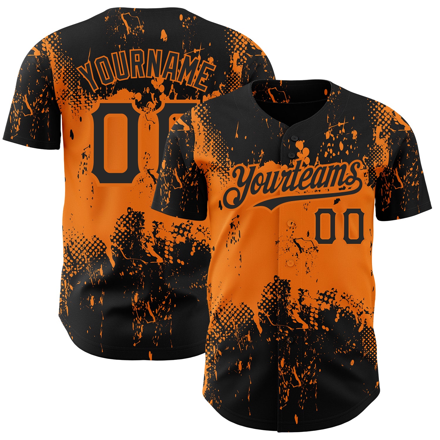 Custom Name and Number Personalized Baseball Jersey with Black Bay Orange 3D Pattern Abstract Splatter Grunge Design Personalized