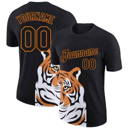Custom 3D Tiger Performance T-Shirt in Black and Orange - Personalized Athletic Wear Personalized Black Bay Orange 3D Tiger