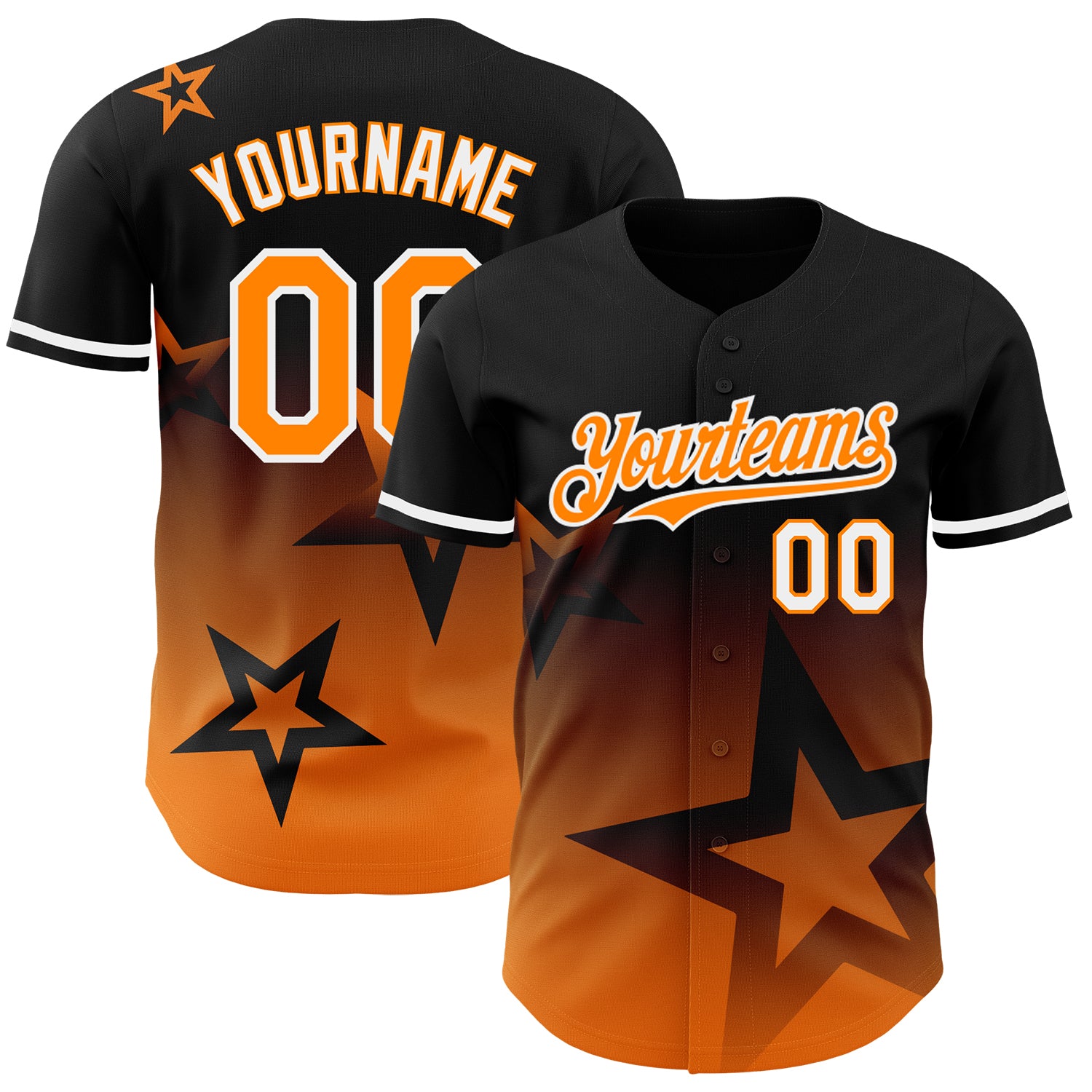 Custom Name and Number Personalized Twinkle Star Baseball Jersey - Black Bay Orange-White 3D Gradient Pattern Design Personalized