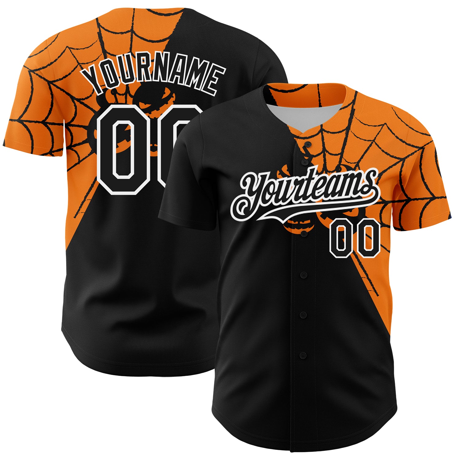Personalized Black Bay 3D Spider Web Baseball Jersey - Orange and White Design Personalized Black Bay Orange-White 3D Spider