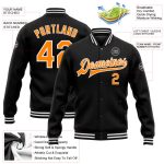 Custom Name Number Varsity Letterman Jacket Black Bay Orange-White Full-Snap Bomber Jacket Personalized Black Bay Orange-White