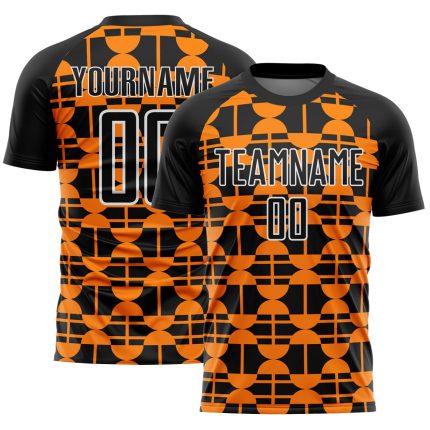 Custom Black Bay Orange-White Geometric Soccer Jersey - Sublimation Uniform Personalized Black Bay Orange-White Geometric