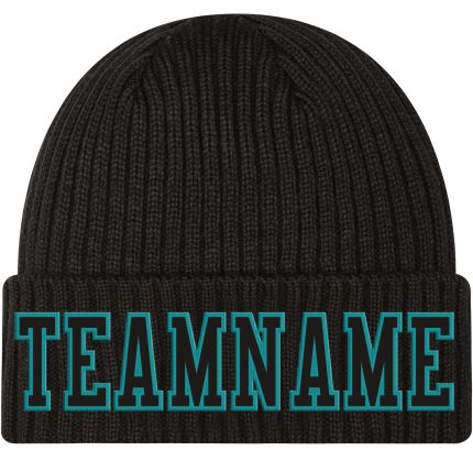 Personalized Black Aqua Stitched Knit Hat for Men and Women - Cozy Cuffed Beanie Personalized Black Black-Aqua Stitched Cuffed