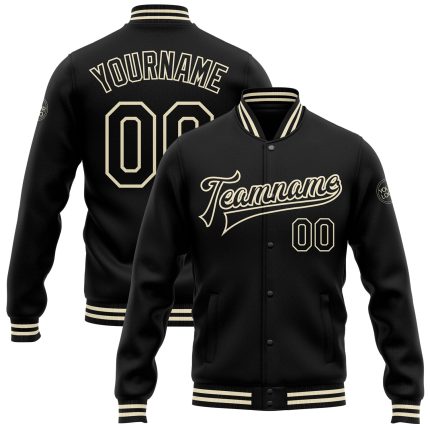 Custom Name and Number Black-Cream Varsity Letterman Bomber Jacket - Personalized Team Jacket Personalized Black Black-Cream