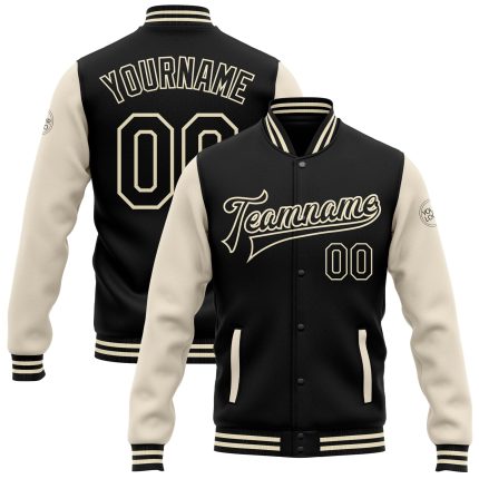 Customized Black Cream Bomber Varsity Letterman Jacket with Team Name and Number - Full-Snap Two Tone Design Personalized