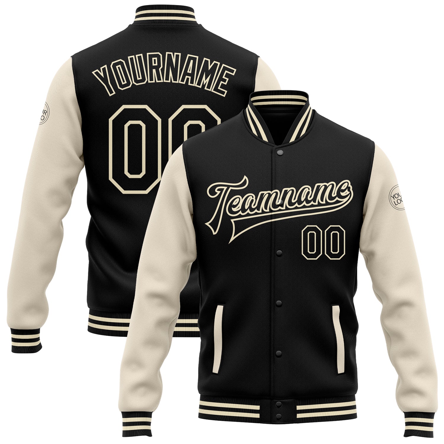 Customized Black Cream Bomber Varsity Letterman Jacket with Team Name and Number - Full-Snap Two Tone Design Personalized