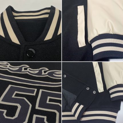 Customized Black Cream Bomber Varsity Letterman Jacket with Team Name and Number - Full-Snap Two Tone Design Personalized