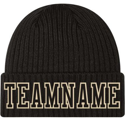 Personalized Black Cream Stitched Knit Hat, Cuffed Design for Warmth and Style Personalized Black Black-Cream Stitched Cuffed
