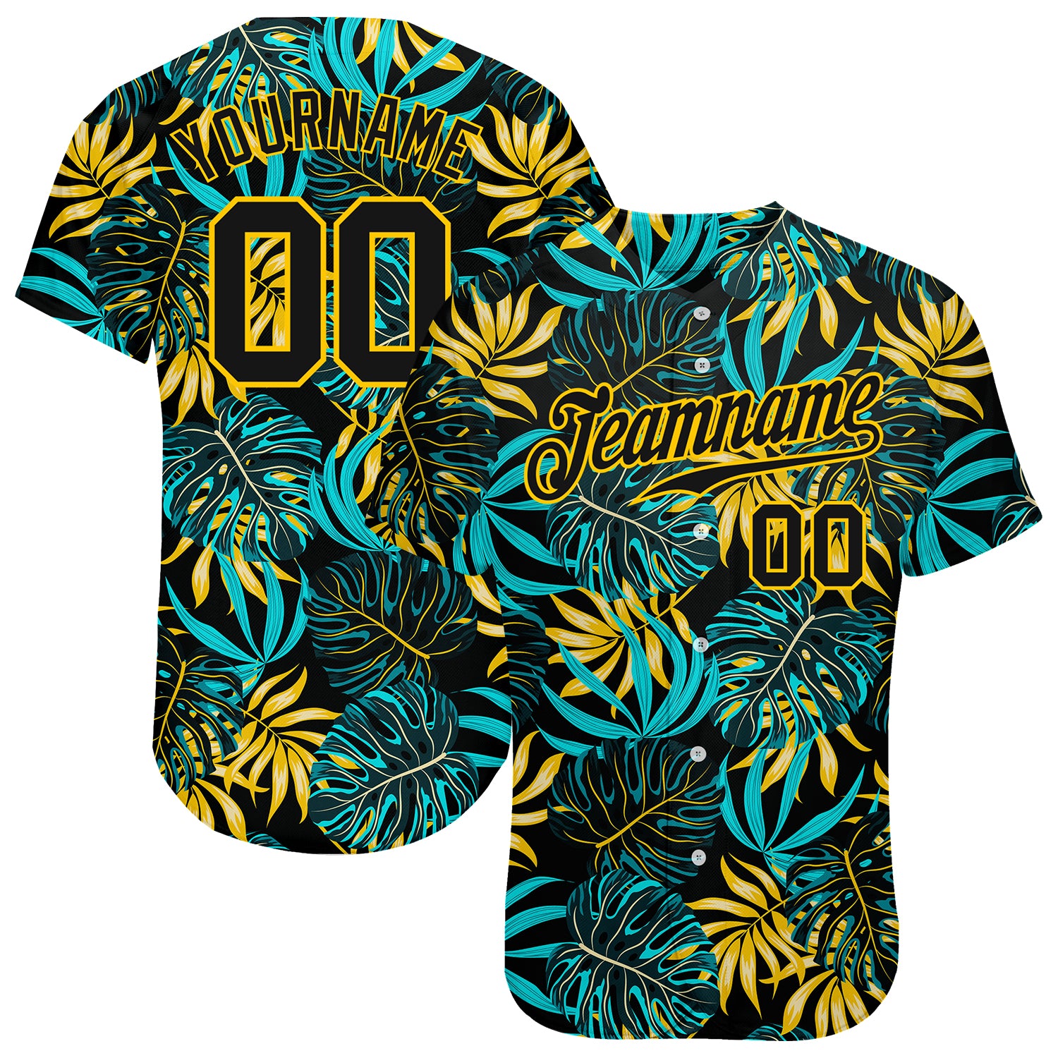Custom Black and Gold Tropical Palm Leaves Baseball Jersey - Personalized 3D Pattern with Name and Number Personalized Black
