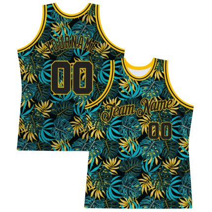 Custom Name and Number Personalized Black Gold 3D Pattern Hawaii Plants Basketball Jersey Personalized Black Black-Gold 3D