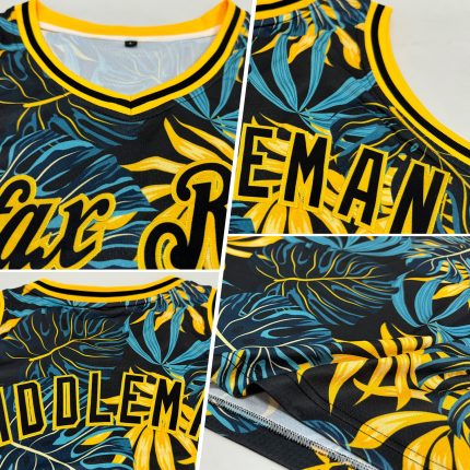 Custom Name and Number Personalized Black Gold 3D Pattern Hawaii Plants Basketball Jersey Personalized Black Black-Gold 3D