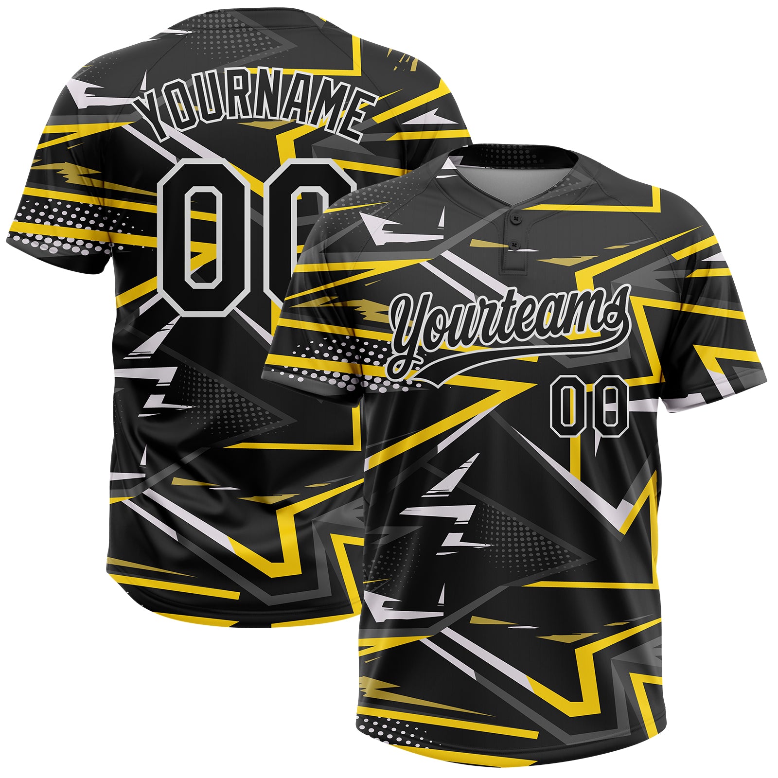 Personalized Black Gold 3D Pattern Unisex Softball Jersey - Two-Button Design Personalized Black Black-Gold 3D Pattern Two-Button