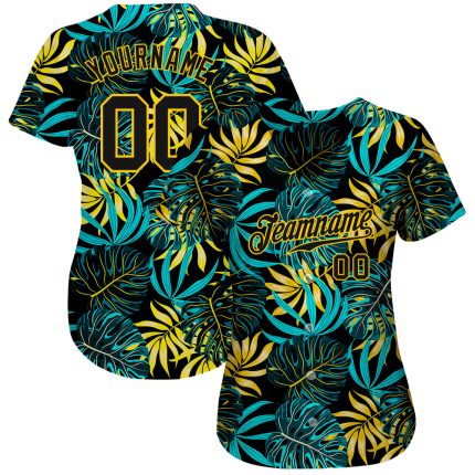 Personalized Tropical Palm Leaves Baseball Jersey in Black and Gold - Custom 3D Design Personalized Black Black-Gold 3D Tropical