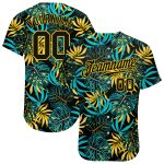 Personalized Tropical Palm Leaves Baseball Jersey in Black and Gold - Custom 3D Design Personalized Black Black-Gold 3D Tropical