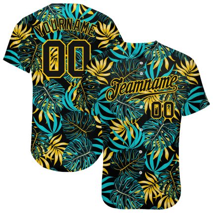 Personalized Tropical Palm Leaves Baseball Jersey in Black and Gold - Custom 3D Design Personalized Black Black-Gold 3D Tropical