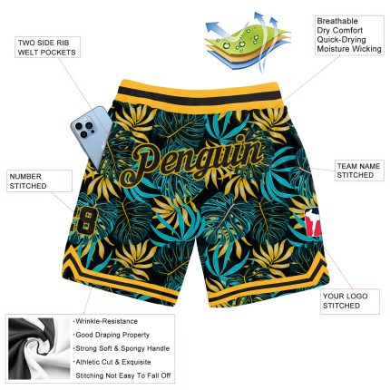 Personalized 3D Tropical Palm Leaves Black Gold Basketball Shorts for Men Personalized Black Black-Gold 3D Tropical Palm