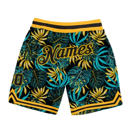 Personalized 3D Tropical Palm Leaves Black Gold Basketball Shorts for Men Personalized Black Black-Gold 3D Tropical Palm