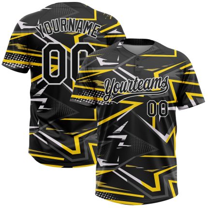 Personalized 3D Black Gold Unisex Softball Jersey - Custom Two-Button Design Personalized Black Black-Gold 3D Two-Button