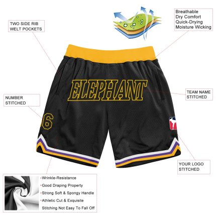 Personalized Black Gold Basketball Shorts Authentic Throwback Style Personalized Black Black-Gold Authentic Throwback Basketball