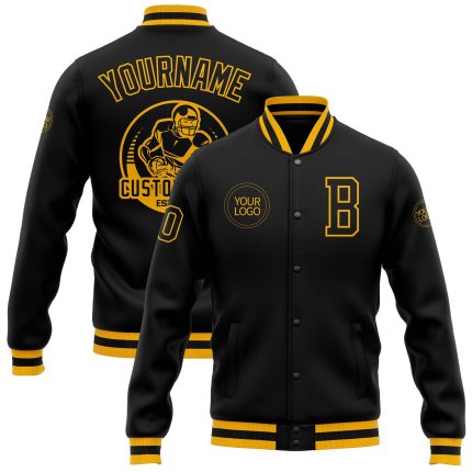 Personalized Black Gold Bomber Varsity Letterman Jacket for Men and Women Personalized Black Black-Gold Bomber Full-Snap