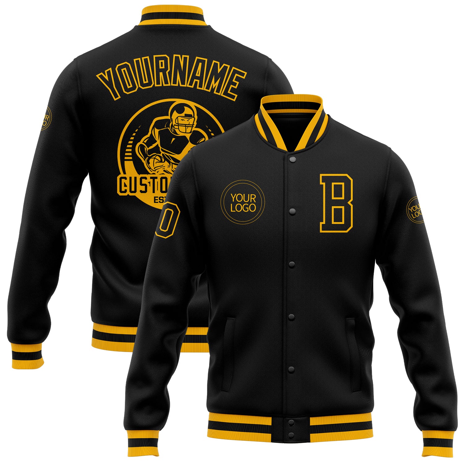 Personalized Black Gold Bomber Varsity Letterman Jacket for Men and Women Personalized Black Black-Gold Bomber Full-Snap