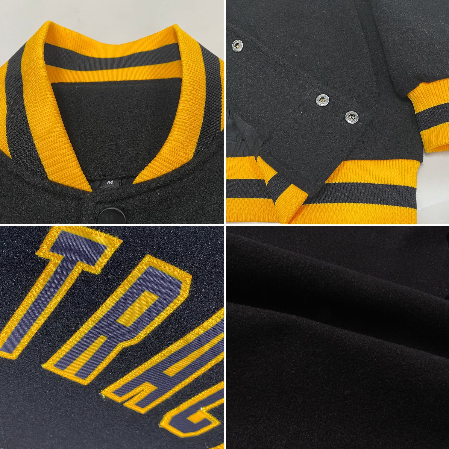 Personalized Black Black-Gold Bomber Full-Snap Varsity Letterman Jacket 3 Personalized Black Gold Bomber Varsity Letterman Jacket for Men and Women Personalized Black Black-Gold Bomber Full-Snap - Image 4