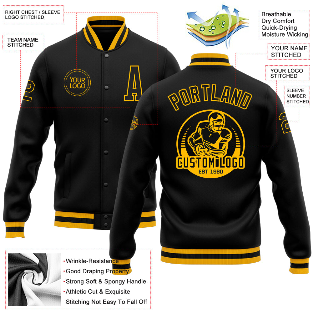 Personalized Black Black-Gold Bomber Full-Snap Varsity Letterman Jacket 3 Personalized Black Gold Bomber Varsity Letterman Jacket for Men and Women Personalized Black Black-Gold Bomber Full-Snap - Image 5