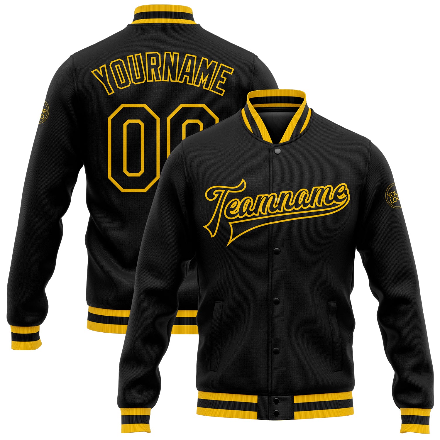 Custom Name and Number Black Gold Bomber Varsity Letterman Jacket - Personalized Team Full-Snap Jacket Personalized Black