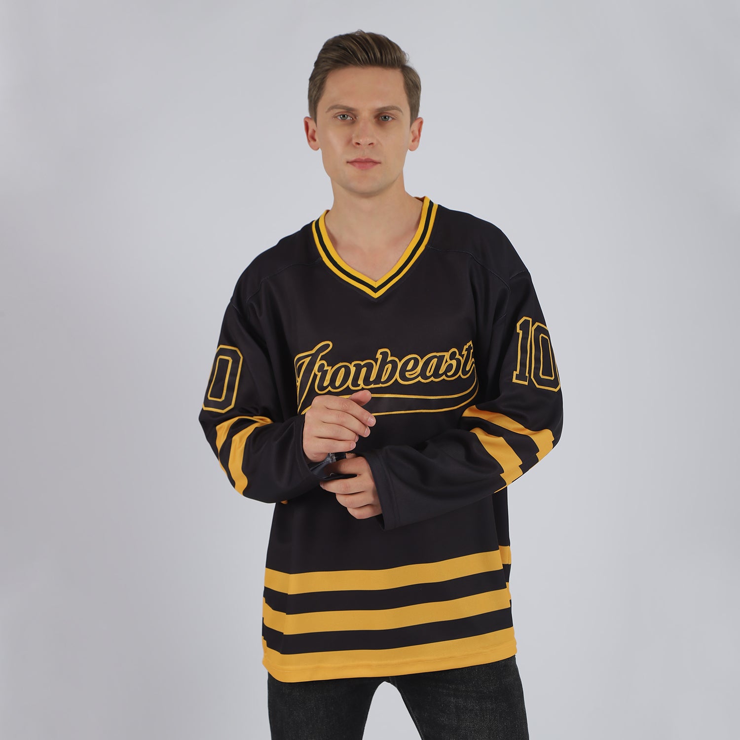 Personalized Black Black-Gold Hockey Jersey Team Custom Name and Number Custom Name and Number Black Gold Hockey Jersey - Personalized Team Jersey Personalized Black Black-Gold Hockey Jersey Team - Image 2