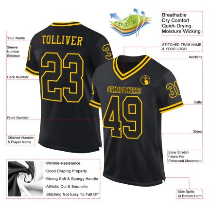 Custom Black and Gold Personalized Throwback Football Jersey with Team Name and Number - Authentic Mesh Design Personalized