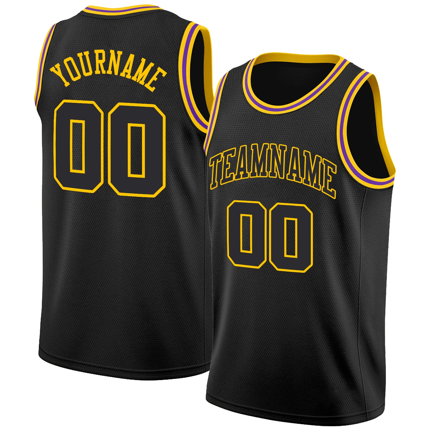 Personalized Black and Gold Rib-Knit Basketball Jersey for Men - Round Neck Design Personalized Black Black-Gold Round Neck