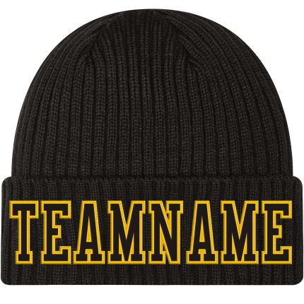 Personalized Black Gold Cuffed Knit Hat with Stitched Design, Stylish Winter Accessory Personalized Black Black-Gold Stitched