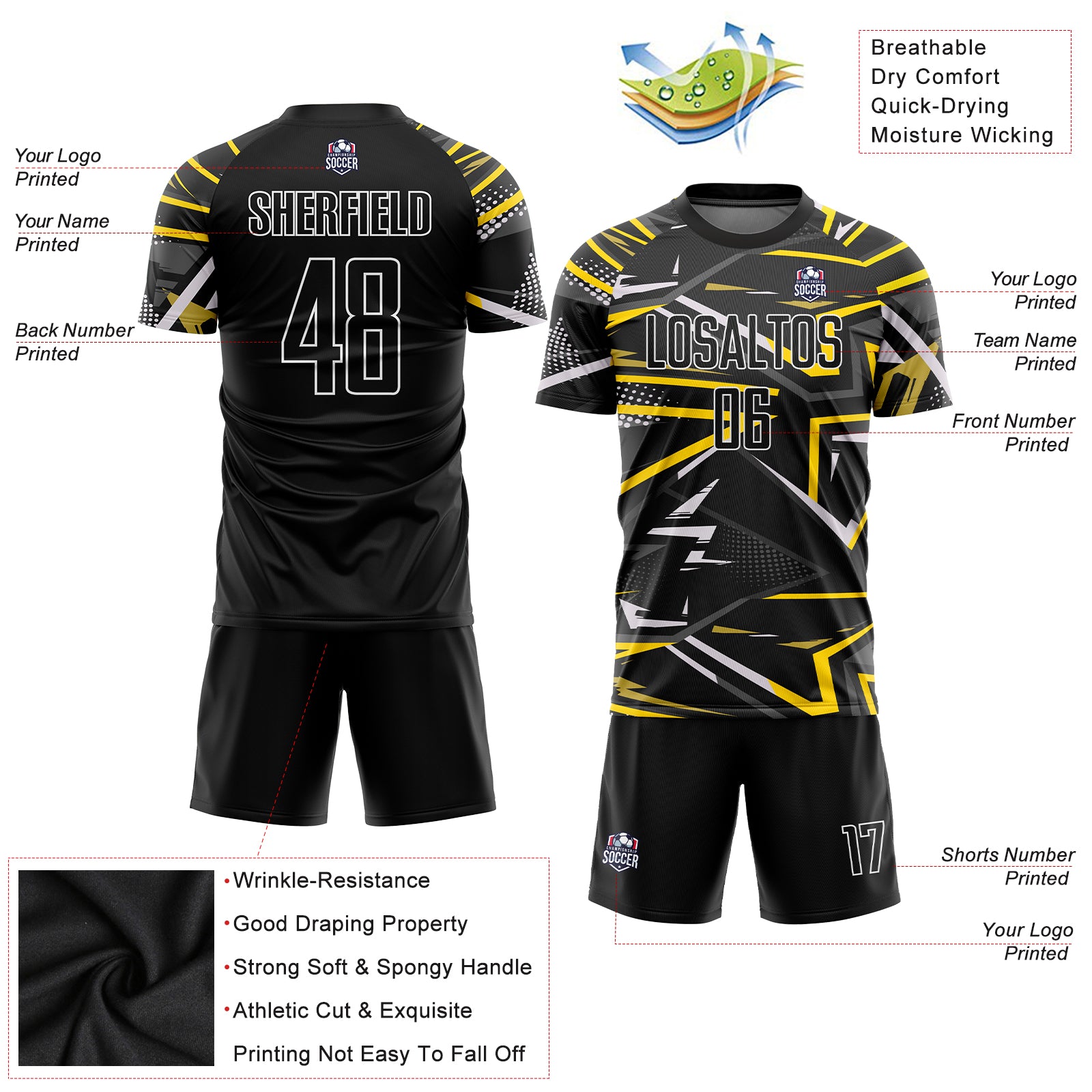 Personalized Black Black-Gold Sublimation Soccer Uniform Jersey Personalized Black Gold Sublimation Soccer Jersey Uniform for Team Sports Personalized Black Black-Gold Sublimation Soccer - Image 5