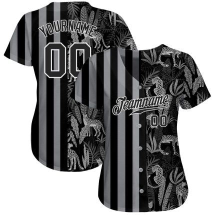 Personalized 3D Leopard and Tropical Palm Leaves Baseball Jersey - Black and Gray Personalized Black Black-Gray 3D Leopards