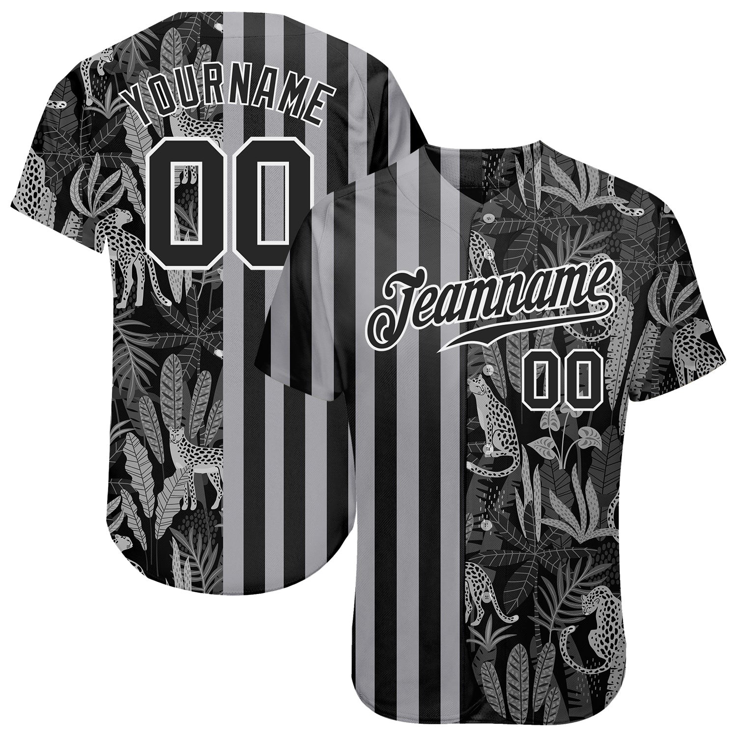 Personalized 3D Leopard and Tropical Palm Leaves Baseball Jersey - Black and Gray Personalized Black Black-Gray 3D Leopards