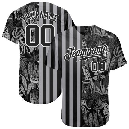 Personalized 3D Leopard & Palm Leaves Baseball Jersey - Custom Name & Number - Black Gray Design Personalized Black Black-Gray