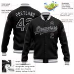 Custom Team Name and Number Black-Gray Varsity Letterman Bomber Jacket - Personalized Full-Snap Design Personalized Black
