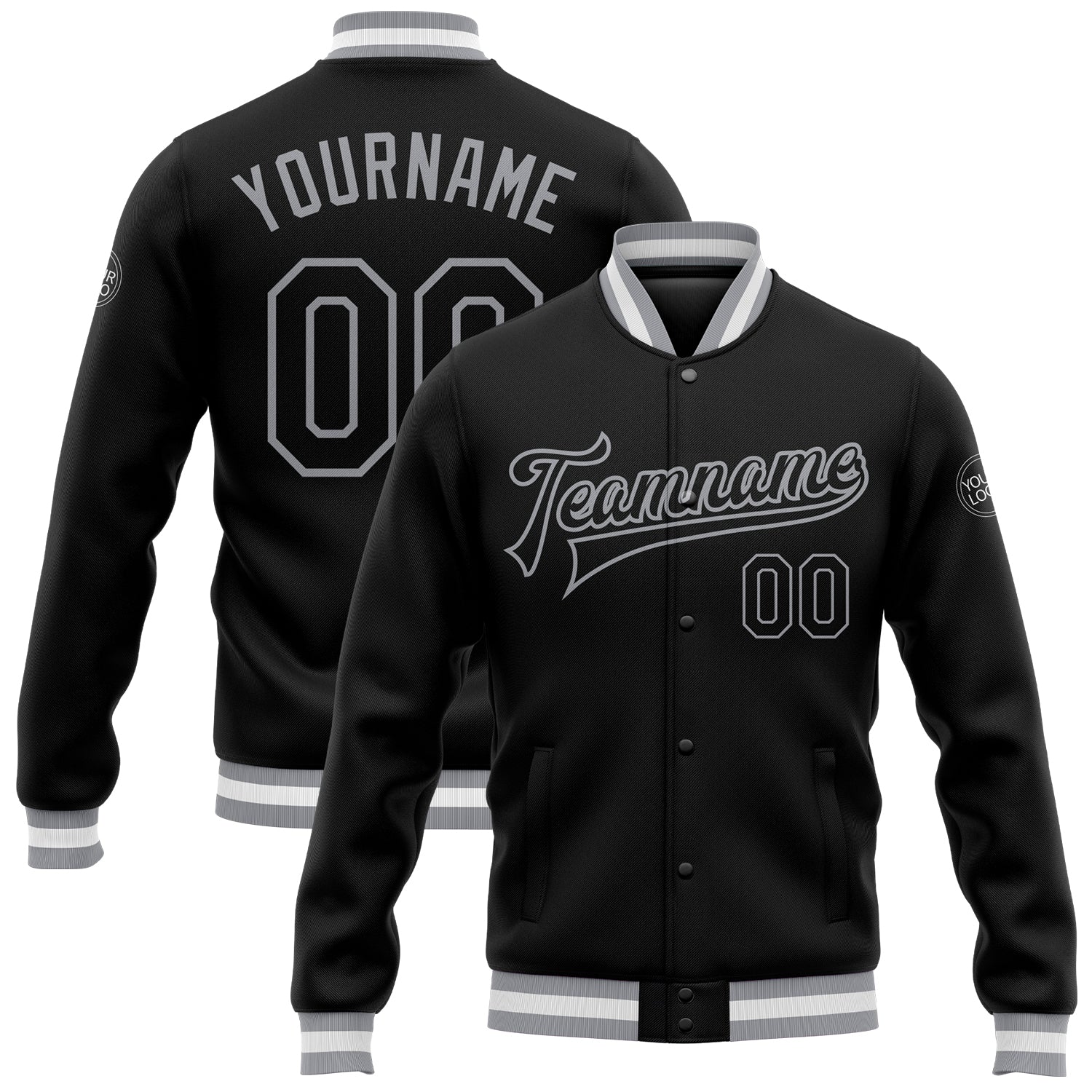 Custom Team Name and Number Black-Gray Varsity Letterman Bomber Jacket - Personalized Full-Snap Design Personalized Black