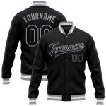 Personalized Black Gray Varsity Letterman Bomber Jacket Full-Snap Style Personalized Black Black-Gray Bomber Full-Snap Varsity